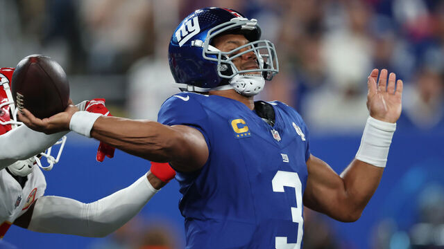 EAST RUTHERFORD, NEW JERSEY - SEPTEMBER 21: Russell Wilson #3 of the New York Giants looks to pass against the Kansas City Chiefs during the second quarter at MetLife Stadium on September 21, 2025 in East Rutherford, New Jersey.