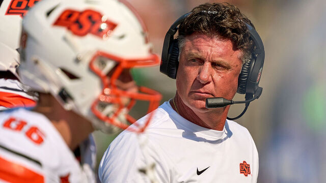 EUGENE, OREGON - SEPTEMBER 6: Mike Gundy of the Oklahoma State Cowboys looks on during the second half of the game against the Oregon Ducks at Autzen Stadium on September 6, 2025 in Eugene, Oregon.