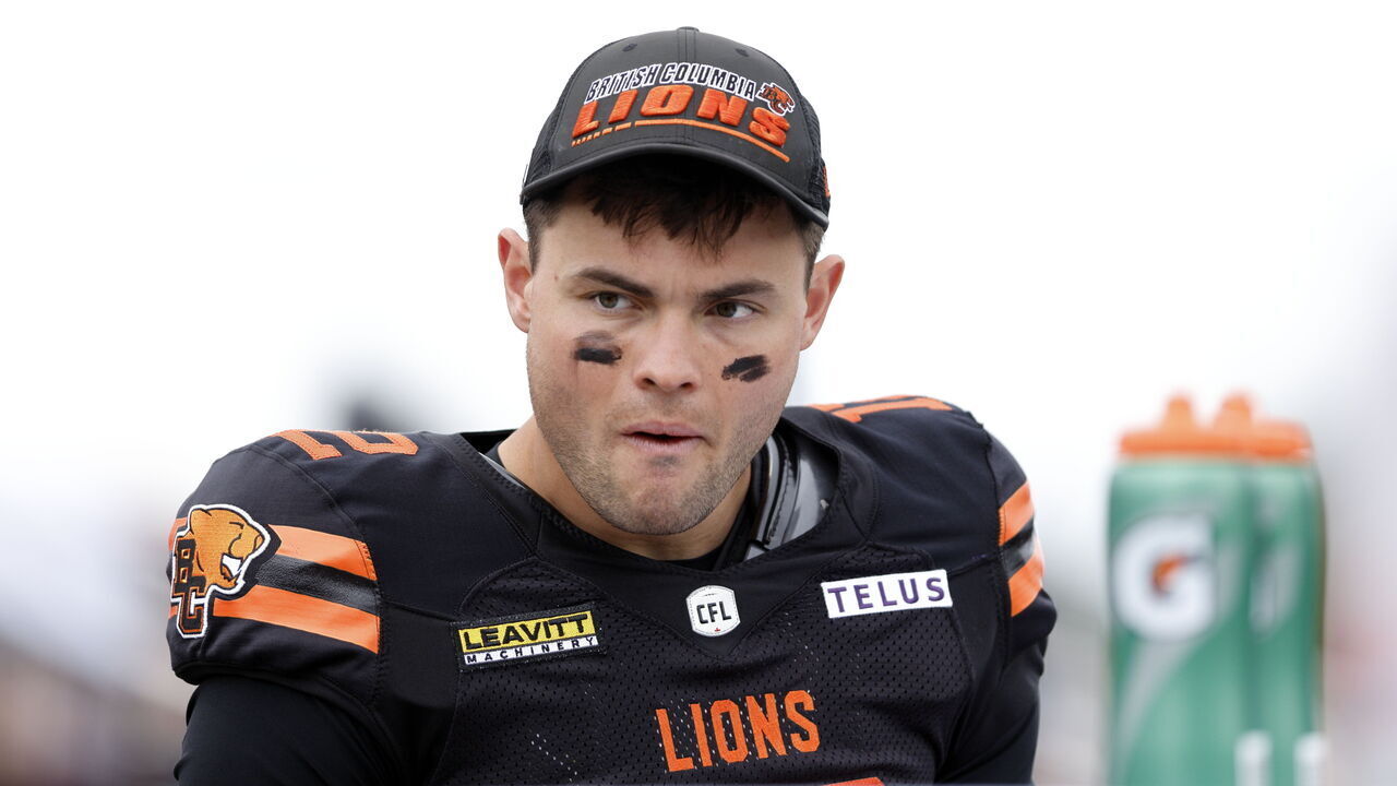 VICTORIA , CANADA - MAY 19: Nathan Rourke #12 of the B.C. Lions looks during a game the Calgary Stampeders at Starlight Stadium on May 19, 2025 in Victoria, British Columbia, Canada.