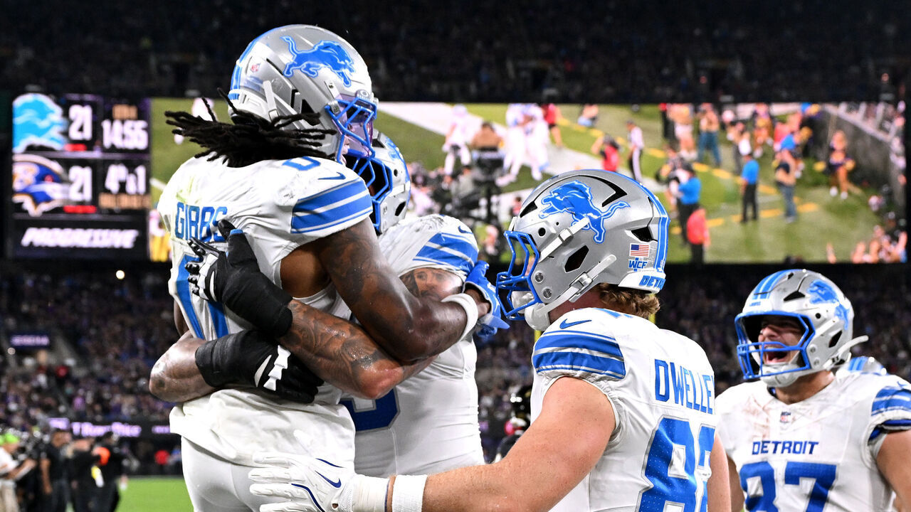 BALTIMORE, MARYLAND - SEPTEMBER 22: Jahmyr Gibbs #0 of the Detroit Lions celebrates a touchdown against the Baltimore Ravens during the fourth quarter at M&T Bank Stadium on September 22, 2025 in Baltimore, Maryland.