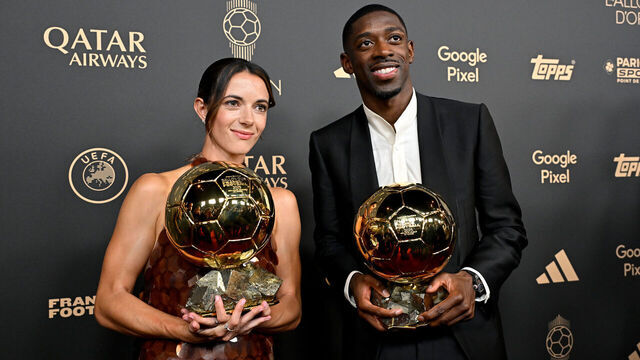 PARIS, FRANCE - SEPTEMBER 22: Aitana Bonmati and Ousmane Dembele pose for a photo with the Women's Ballon d'Or and Men’s Ballon d’Or trophies during the 69th Ballon D'Or Ceremony at Theatre Du Chatelet on September 22, 2025 in Paris, France.