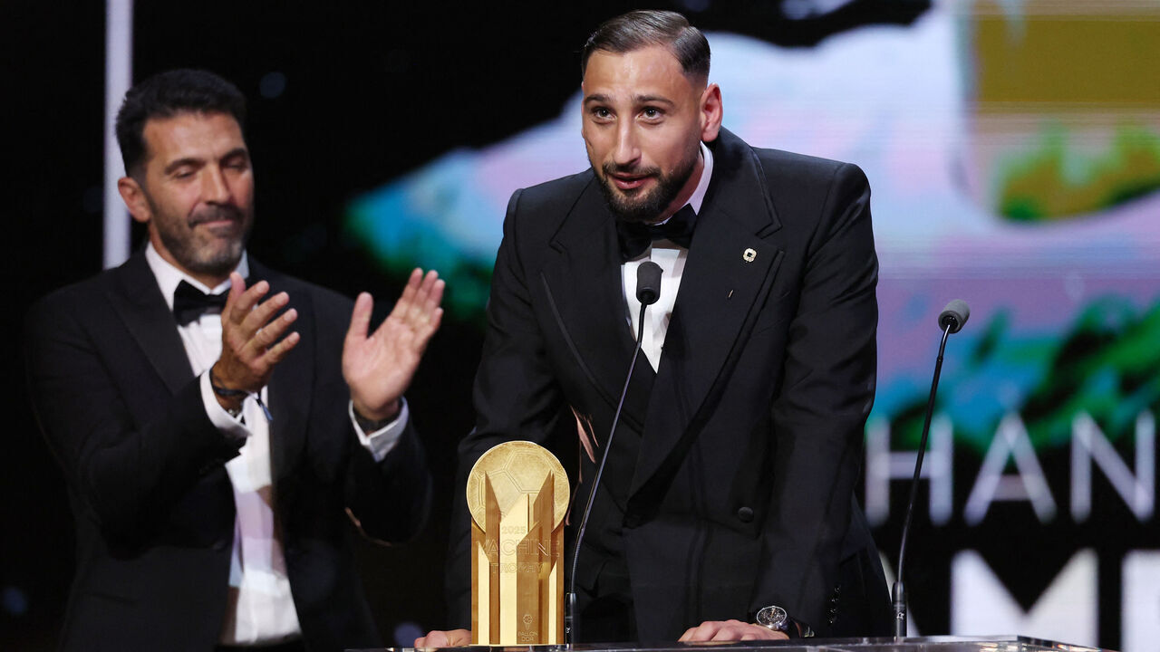 Italy's goalkeeper Gianluigi Donnarumma speaks after receiving the Yashin Trophy for the best male goalkeeper during the 2025 Ballon d'Or France Football award ceremony at the Theatre du Chatelet in Paris on September 22, 2025.