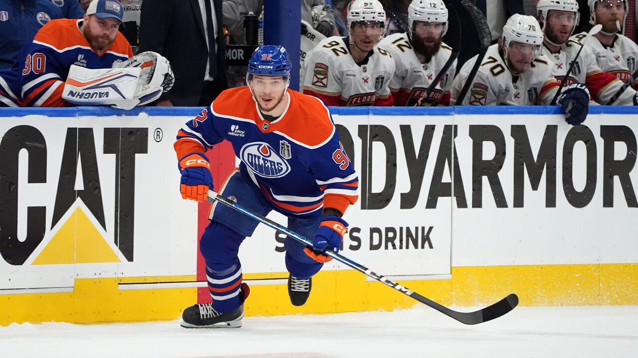 EDMONTON, ALBERTA - JUNE 04: Vasily Podkolzin #92 of the Edmonton Oilers plays during the first overtime period of Game One of the 2025 Stanley Cup Final between the Edmonton Oilers and Florida Panthers at Rogers Place on June 04, 2025 in Edmonton, Alberta.