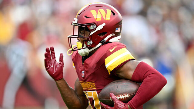 LANDOVER, MARYLAND - SEPTEMBER 21: Terry McLaurin #17 of the Washington Commanders runs after the catch during the third quarter against the Las Vegas Raiders at Northwest Stadium on September 21, 2025 in Landover, Maryland.