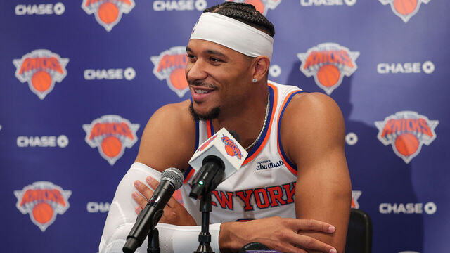TARRYTOWN, NEW YORK - SEPTEMBER 23: Josh Hart #3 of the New York Knicks speaks to the media at Knicks Training Facility on September 23, 2025 in Tarrytown, New York. NOTE TO USER: User expressly acknowledges and agrees that, by downloading and/or using thhis Photograph, user is consenting to the terms and conditions of the Getty Images License Agreement.