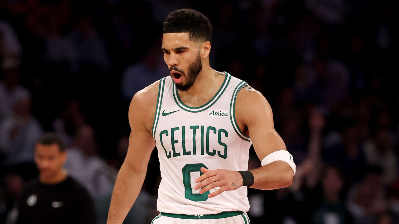 NEW YORK, NEW YORK - MAY 12: Jayson Tatum #0 of the Boston Celtics celebrates a three point shot in the first half against the New York Knicks in Game Four of the Eastern Conference Second Round NBA Playoffs at Madison Square Garden on May 12, 2025 in New York City.