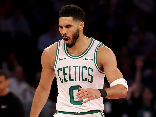 NEW YORK, NEW YORK - MAY 12: Jayson Tatum #0 of the Boston Celtics celebrates a three point shot in the first half against the New York Knicks in Game Four of the Eastern Conference Second Round NBA Playoffs at Madison Square Garden on May 12, 2025 in New York City.
