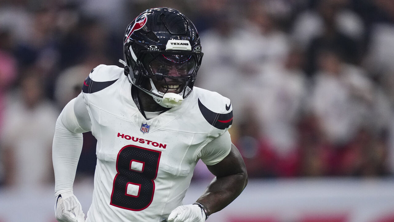 HOUSTON, TX - SEPTEMBER 15: C.J. GardnerJohnson #8 of the Houston Texans celebrates during an NFL football game against the Tampa Bay Buccaneers at NRG Stadium on September 15, 2025 in Houston, Texas.
