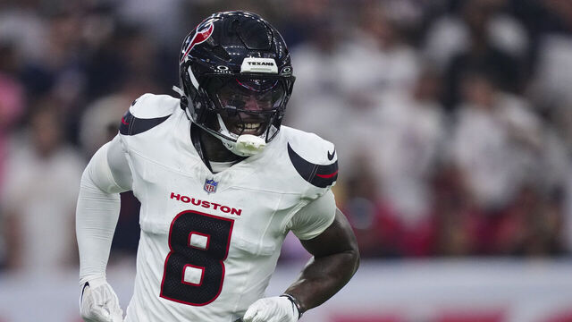 HOUSTON, TX - SEPTEMBER 15: C.J. GardnerJohnson #8 of the Houston Texans celebrates during an NFL football game against the Tampa Bay Buccaneers at NRG Stadium on September 15, 2025 in Houston, Texas.