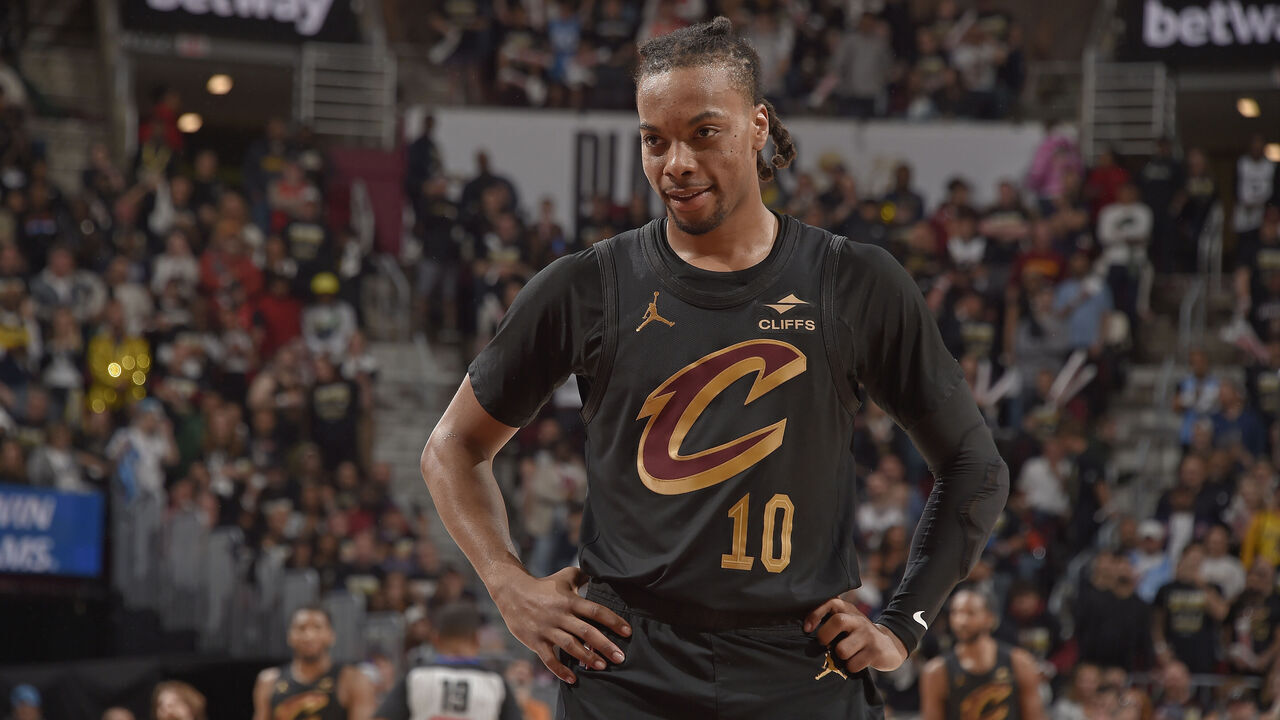 CLEVELAND, OH - MAY 13: Darius Garland #10 of the Cleveland Cavaliers looks on during Round Two Game Five of the 2025 NBA Playoffs on May 13, 2025 at Rocket Mortgage FieldHouse in Cleveland, Ohio. NOTE TO USER: User expressly acknowledges and agrees that, by downloading and/or using this Photograph, user is consenting to the terms and conditions of the Getty Images License Agreement. Mandatory Copyright Notice: Copyright 2025 NBAE