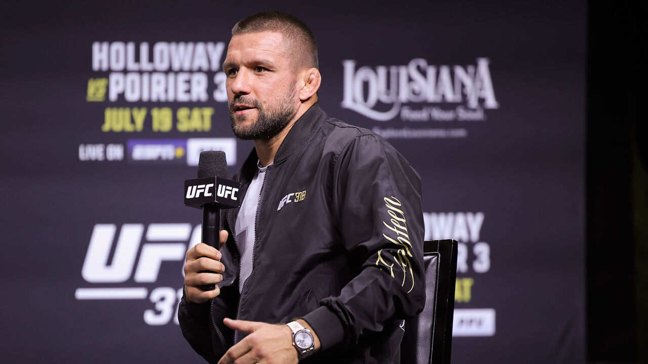NEW ORLEANS, LOUISIANA - JULY 18: Mateusz Gamrot is seen on stage during a Q&A session prior to the UFC 318 ceremonial weigh-ins at Smoothie King Center on July 18, 2025 in New Orleans, Louisiana.