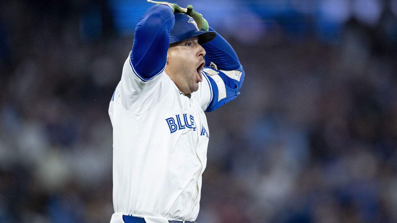 TORONTO, ON - SEPTEMBER 23: George Springer #4 of the Toronto Blue Jays reacts after hitting a foul ball during the second inning of a game against the Boston Red Sox on September 23, 2025 at Rogers Centre in Toronto, Ontario.