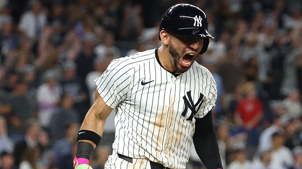 NEW YORK, NEW YORK - SEPTEMBER 23: José Caballero #72 of the New York Yankees celebrates his walk off single in the ninth inning to win the game against the Chicago White Sox during their game at Yankee Stadium on September 23, 2025 in New York City.