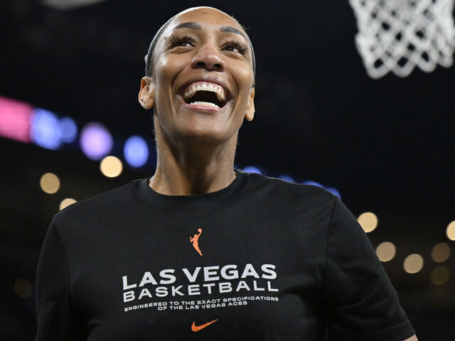 LAS VEGAS, NV - MAY SEPTEMBER 23:A'ja Wilson #22 of the Las Vegas Aces warms up before the game against the Indiana Fever on September 23, 2025 at Michelob ULTRA Arena in Las Vegas, Nevada. Mandatory Copyright Notice: Copyright 2025 NBAE