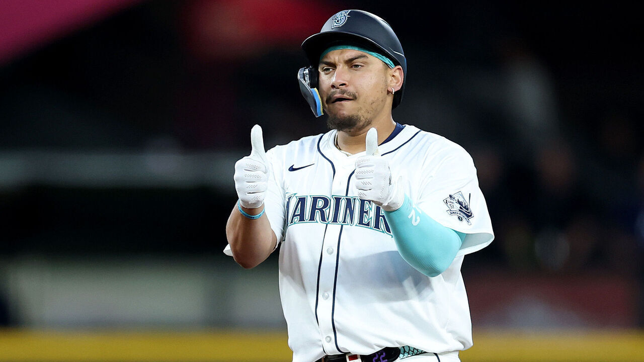 SEATTLE, WASHINGTON - AUGUST 09: Josh Naylor #12 of the Seattle Mariners reacts after his double during the fifth inning against the Tampa Bay Rays at T-Mobile Park on August 09, 2025 in Seattle, Washington.