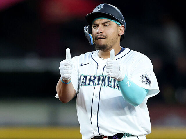 SEATTLE, WASHINGTON - AUGUST 09: Josh Naylor #12 of the Seattle Mariners reacts after his double during the fifth inning against the Tampa Bay Rays at T-Mobile Park on August 09, 2025 in Seattle, Washington.