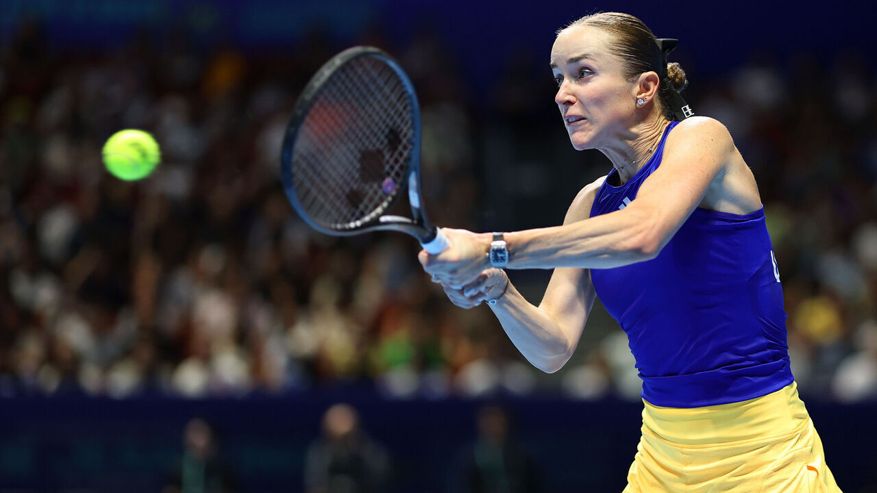 SHENZHEN, CHINA - SEPTEMBER 17: Elina Svitolina of Ukraine plays a backhand during match 2 against Paula Badosa Gibert of Spain in the Billie Jean King Cup by Gainbridge Finals 2025, Quarter-Final match between Spain and Ukraine at Shenzhen Bay Sports Centre Arena on September 17, 2025 in Shenzhen, China.