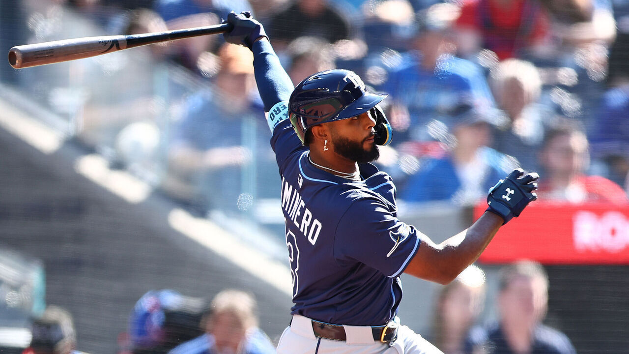 TORONTO, ON - MAY 15: Junior Caminero #13 of the Tampa Bay Rays bats during a game against the Toronto Blue Jays at Rogers Centre on May 15, 2025 in Toronto, Ontario, Canada.