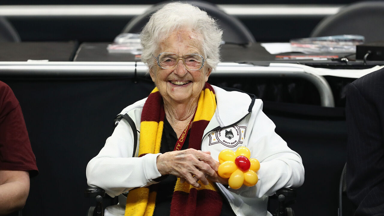SAN ANTONIO, TX - MARCH 31: Loyola Ramblers team chaplain Sister Jean Dolores-Schmidt looks on before the 2018 NCAA Men's Final Four Semifinal against the Michigan Wolverines at the Alamodome on March 31, 2018 in San Antonio, Texas.