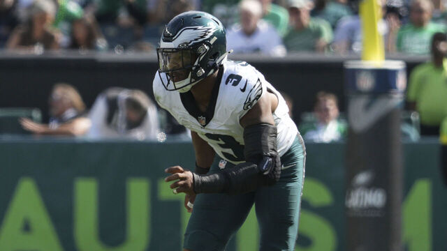 PHILADELPHIA, PA - SEPTEMBER 21: Philadelphia Eagles linebacker Nolan Smith (3) rushes during the game between the Los Angeles Rams and the Philadelphia Eagles on September 21, 2025 at Lincoln Financial Field in Philadelphia, PA.