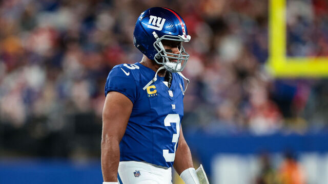 EAST RUTHERFORD, NEW JERSEY - SEPTEMBER 21: Russell Wilson #3 of the New York Giants walks the field during the game against the Kansas City Chiefs at MetLife Stadium on September 21, 2025.