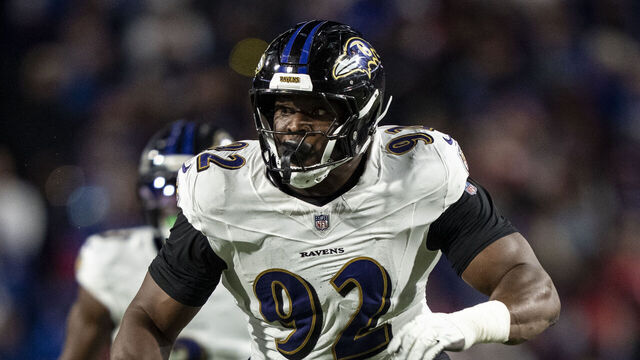 ORCHARD PARK, NEW YORK - SEPTEMBER 7: Nnamdi Madubuike #92 of the Baltimore Ravens runs around the edge during an NFL football game against the Buffalo Bills at Highmark Stadium on September 07, 2025 in Orchard Park, New York.