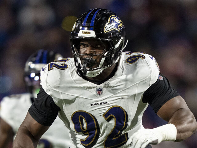 ORCHARD PARK, NEW YORK - SEPTEMBER 7: Nnamdi Madubuike #92 of the Baltimore Ravens runs around the edge during an NFL football game against the Buffalo Bills at Highmark Stadium on September 07, 2025 in Orchard Park, New York.