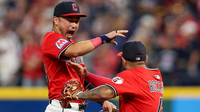 CLEVELAND, OH - SEPTEMBER 23: Cleveland Guardians left fielder Steven Kwan (38) and Cleveland Guardians second baseman Brayan Rocchio (4) celebrate following the Major League Baseball game between the Detroit Tigers and Cleveland Guardians on September 23, 2025, at Progressive Field in Cleveland, OH.