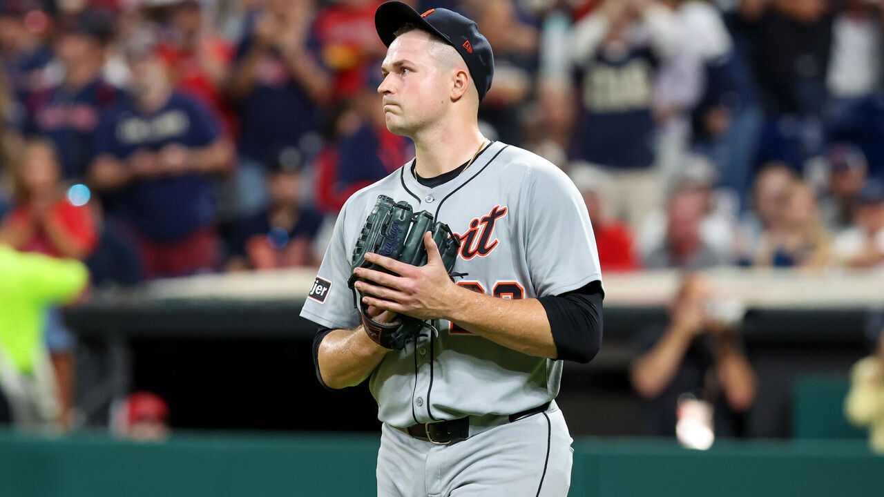 CLEVELAND, OH - SEPTEMBER 23: Detroit Tigers starting pitcher Tarik Skubal (29) reacts after Cleveland Guardians designated hitter David Fry (6) (not pictured) was hit in the face by the baseball on a bunt attempt during the sixth inning of the Major League Baseball game between the Detroit Tigers and Cleveland Guardians on September 23, 2025, at Progressive Field in Cleveland, OH.