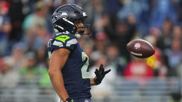 SEATTLE, WASHINGTON - AUGUST 15: Zach Charbonnet #26 of the Seattle Seahawks celebrates after a touchdown during the NFL Preseason 2025 game between Kansas City Chiefs and Seattle Seahawks at Lumen Field on August 15, 2025 in Seattle, Washington.