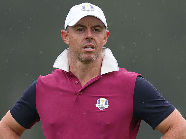 FARMINGDALE, NEW YORK - SEPTEMBER 25: Rory McIlroy of Team Europe looks on during a practice round prior to the Ryder Cup 2025 at Black Course at Bethpage State Park Golf Course on September 25, 2025 in Farmingdale, New York.