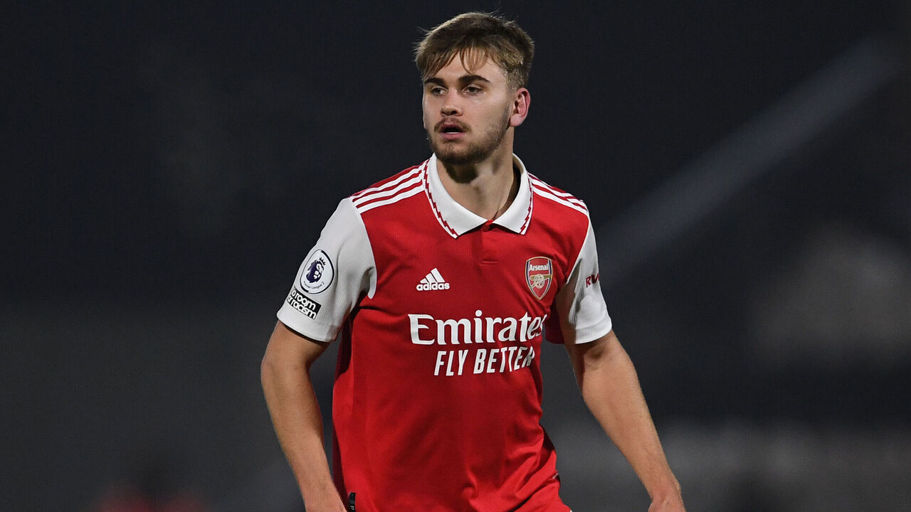 BOREHAMWOOD, ENGLAND - NOVEMBER 30: Billy Vigar of Arsenal during the Premier League International Cup match between Arsenal U21 and Sparta Prague U21 at Meadow Park on November 30, 2022 in Borehamwood, England.