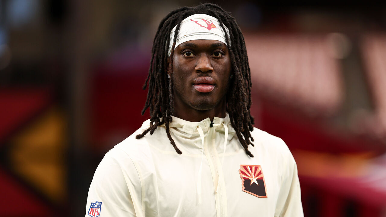 GLENDALE, ARIZONA - SEPTEMBER 25: Marvin Harrison Jr. #18 of the Arizona Cardinals warms up prior to the game against the Seattle Seahawks at State Farm Stadium on September 25, 2025 in Glendale, Arizona.