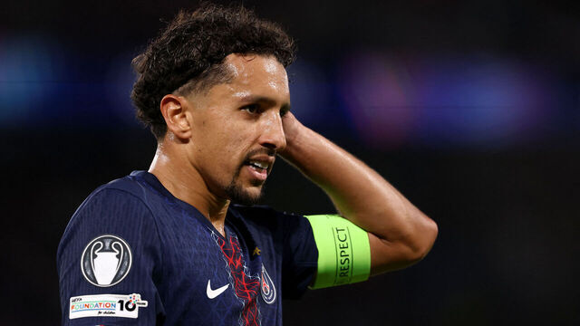 Paris Saint-Germain's Brazilian defender #05 Marquinhos reacts during the UEFA Champions League first round day 1 football match between Paris Saint-Germain (FRA) and Atalanta (ITA) at the Parc des Princes stadium in Paris on September 17, 2025.