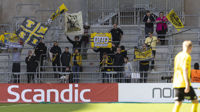 STOCKHOLM, SWEDEN - MAY 21: Mjallby's supporters during an Allsvenskan match between Djurgardens IF and Mjallby AIF at Tele2 Arena on May 21, 2023 in Stockholm, Sweden.