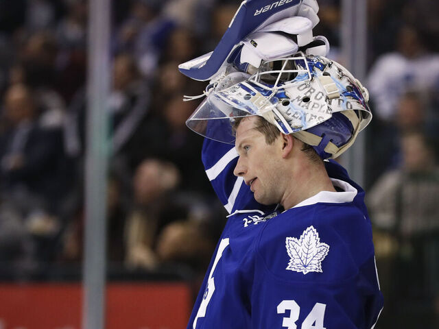 TORONTO, ON - FEBRUARY 23: Toronto Maple Leafs goalie James Reimer had a rough two periods with three goals scored on him by Nashville Predators Filip Forsberg alone during the second period of their NHL hockey game at the Air Canada Centre in Toronto, Ontario. Toronto Star/Todd Korol (Todd Korol/Toronto Star via Getty Images)