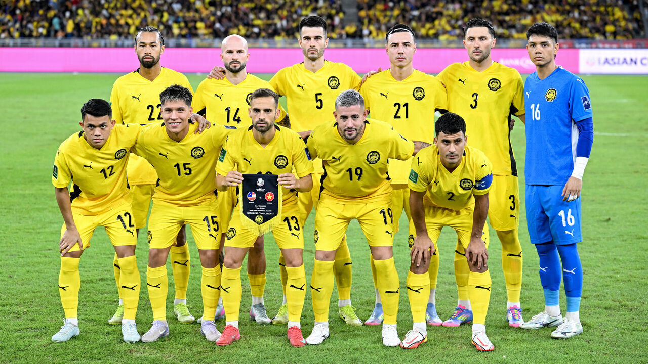 Malaysia's players pose before the start of the AFC Asian Cup qualifier Group F football match between Malaysia and Vietnam at the National Stadium Bukit Jalil in Kuala Lumpur on June 10, 2025.