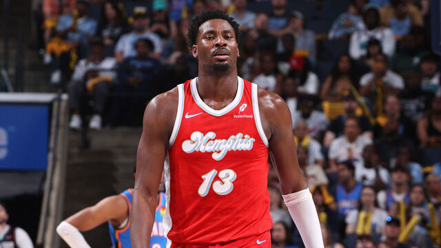 MEMPHIS, TN - APRIL 26: Jaren Jackson Jr. #13 of the Memphis Grizzlies looks on during the game against the Oklahoma City Thunder during Round 1 Game 4 of the 2025 NBA Playoffs on April 26, 2025 at FedExForum in Memphis, Tennessee. Mandatory Copyright Notice: Copyright 2025 NBAE