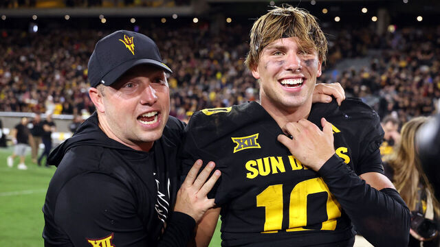 TEMPE, ARIZONA - SEPTEMBER 26: Head coach Kenny Dillingham celebrates with quarterback Sam Leavitt #10 of the Arizona State Sun Devils after defeating the TCU Horned Frogs 27-24 at Mountain America Stadium on September 26, 2025 in Tempe, Arizona.