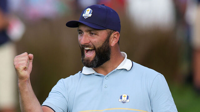 FARMINGDALE, NEW YORK - SEPTEMBER 26: Jon Rahm of Team Europe reacts after teammate Sepp Straka made a birdie on the 16th hole to defeat J.J. Spaun and Scottie Scheffler of Team United States, 3&2, during the Friday afternoon four-ball matches of the 2025 Ryder Cup at Black Course at Bethpage State Park Golf Course on September 26, 2025 in Farmingdale, New York.