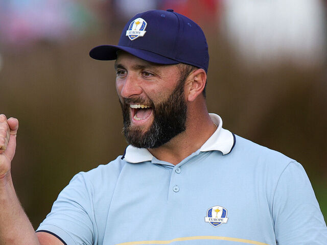 FARMINGDALE, NEW YORK - SEPTEMBER 26: Jon Rahm of Team Europe reacts after teammate Sepp Straka made a birdie on the 16th hole to defeat J.J. Spaun and Scottie Scheffler of Team United States, 3&2, during the Friday afternoon four-ball matches of the 2025 Ryder Cup at Black Course at Bethpage State Park Golf Course on September 26, 2025 in Farmingdale, New York.