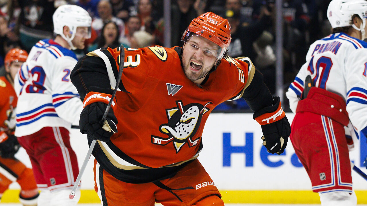 ANAHEIM, CALIFORNIA - MARCH 28: Mason McTavish #23 of the Anaheim Ducks celebrates his game-winning overtime goal against the New York Rangers at Honda Center on March 28, 2025 in Anaheim, California.