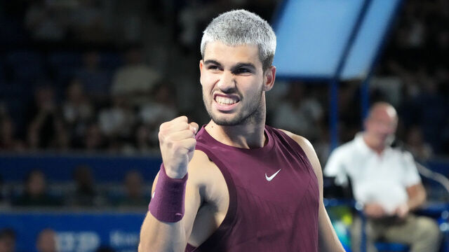 TOKYO, JAPAN - SEPTEMBER 27: Carlos Alcaraz of Spain celebrates against Zizou Bergs of Belgium during the Singles Round of 16 on day four of Kinoshita Group Japan Open at Ariake Colosseum on September 27, 2025 in Tokyo, Japan.