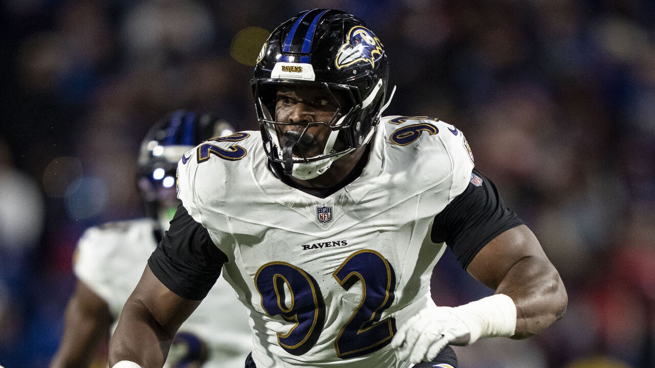 ORCHARD PARK, NEW YORK - SEPTEMBER 7: Nnamdi Madubuike #92 of the Baltimore Ravens runs around the edge during an NFL football game against the Buffalo Bills at Highmark Stadium on September 07, 2025 in Orchard Park, New York.