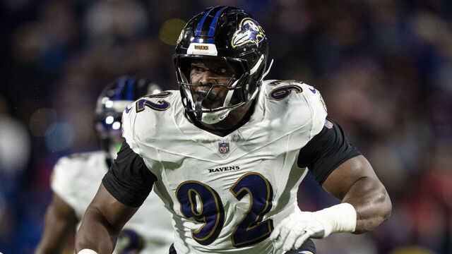 ORCHARD PARK, NEW YORK - SEPTEMBER 7: Nnamdi Madubuike #92 of the Baltimore Ravens runs around the edge during an NFL football game against the Buffalo Bills at Highmark Stadium on September 07, 2025 in Orchard Park, New York.