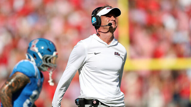OXFORD, MISSISSIPPI - SEPTEMBER 27: head coach Lane Kiffin of the Mississippi Rebels reacts during the first half |L\ at Vaught-Hemingway Stadium on September 27, 2025 in Oxford, Mississippi.