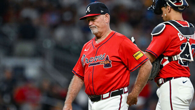 ATLANTA, GA - SEPTEMBER 26: Atlanta manager Brian Snitker (43) reacts after making a pitching change during the MLB game between the Pittsburgh Pirates and the Atlanta Braves on September 26th, 2025 at Truist Park in Atlanta, GA.