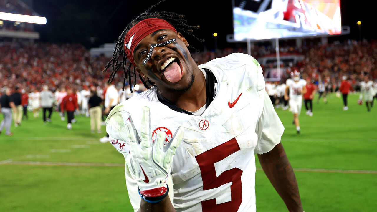 ATHENS, GA - SEPTEMBER 27: Wide receiver Germie Bernard #5 of the Alabama Crimson Tide reacts after winning the Saturday evening college football game between the Alabama Crimson Tide and the University of Georgia Bulldogs on September 27, 2025 at Sanford Stadium in Athens, GA.