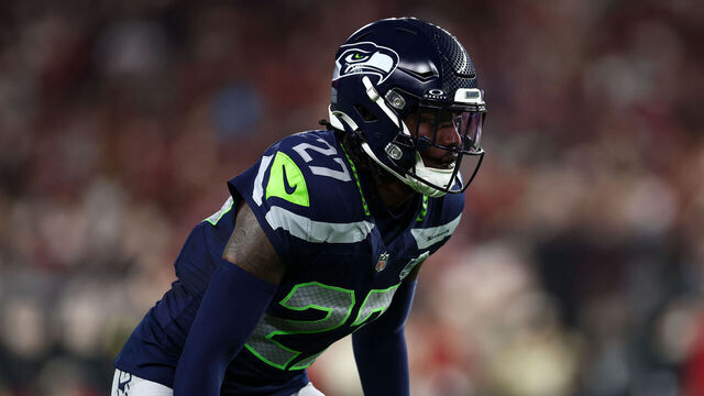 GLENDALE, ARIZONA - SEPTEMBER 25: Riq Woolen #27 of the Seattle Seahawks lines up before a play during an NFL football game against the Arizona Cardinals at State Farm Stadium on September 25, 2025 in Glendale, Arizona.