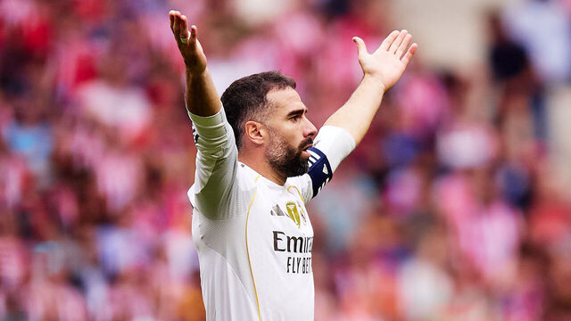 MADRID, SPAIN - SEPTEMBER 27: Daniel Carvajal of Real Madrid reacts during the LaLiga EA Sports match between Atletico de Madrid and Real Madrid CF at Riyadh Air Metropolitano on September 27, 2025 in Madrid, Spain.